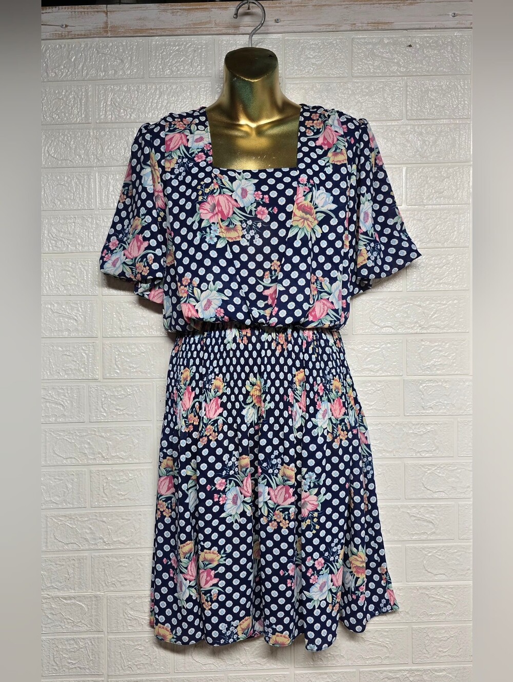 1980s Navy Polka Dot Floral Square Neck Dress,Damon Petite,10sz